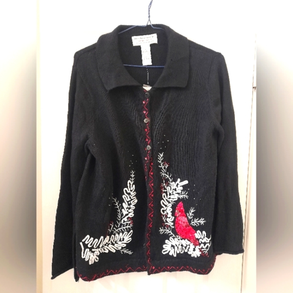 TIARA INTERNATIONAL WOMEN XL CARDINAL BIRD CHRISTMAS CARDIGAN SWEATER Vi…